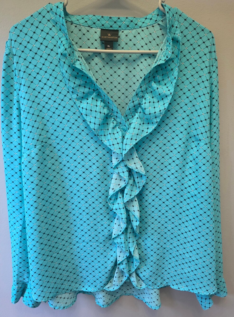 Worthington XL Turquoise Ruffle Front Blouse Long Sleeve